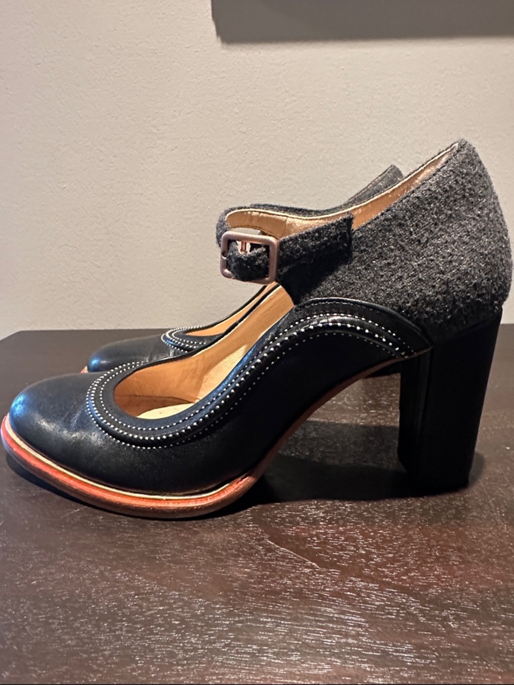 Clarks Black and Gray Mary Jane Block Heel Pumps with Pink Accent - Picture 6 of 12